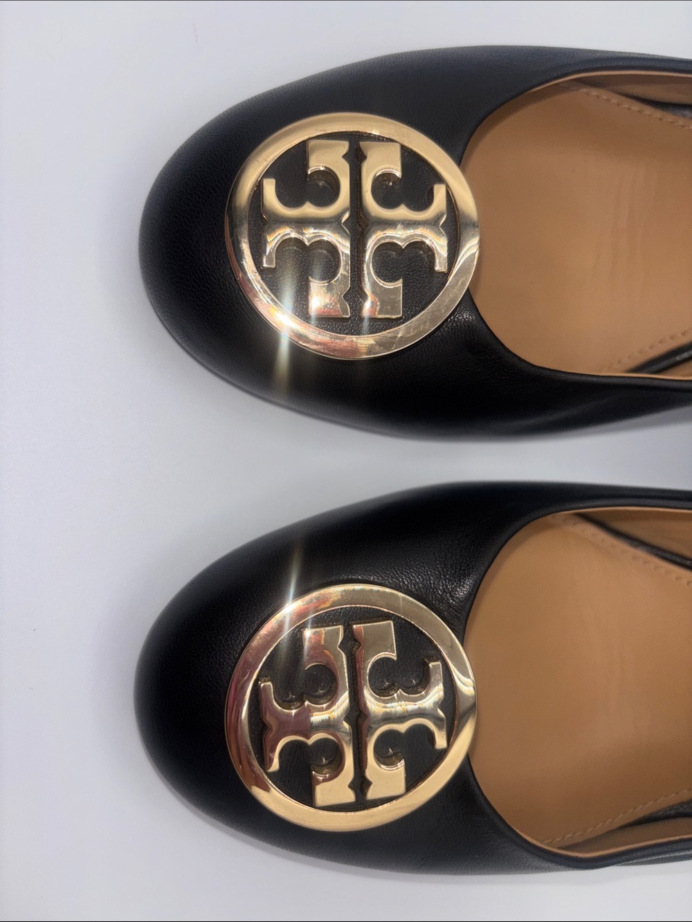 Tory Burch Black Leather Wedges with Gold Logo Medallion - Picture 3 of 12